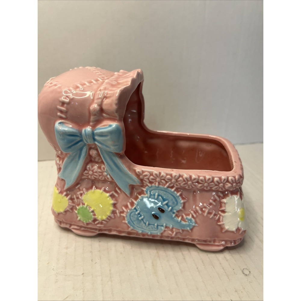 Vintage Ceramic Bassinet Planter Music Box Japan Lullaby Baby Girl
